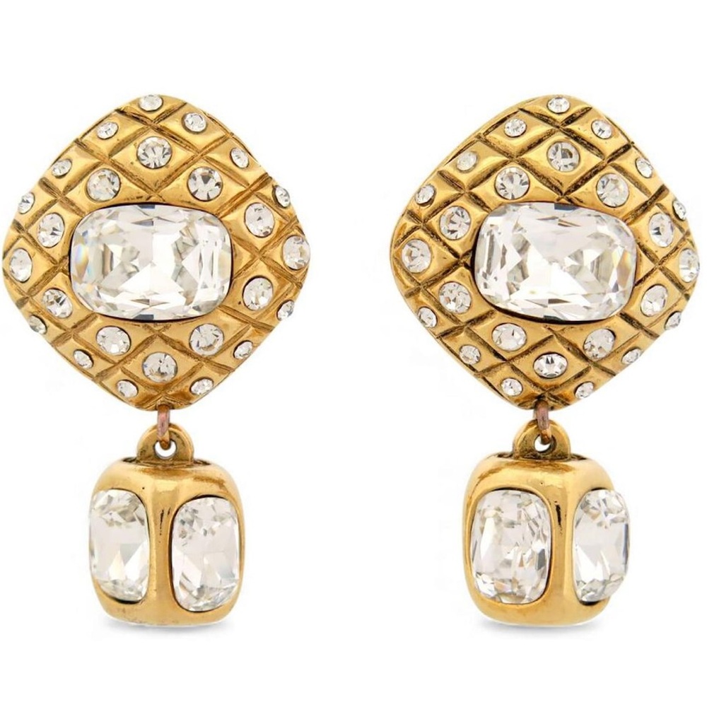 Chanel Gold Plated Clip on Dangle Rhinestone Earrings 1984 Authenticated COA